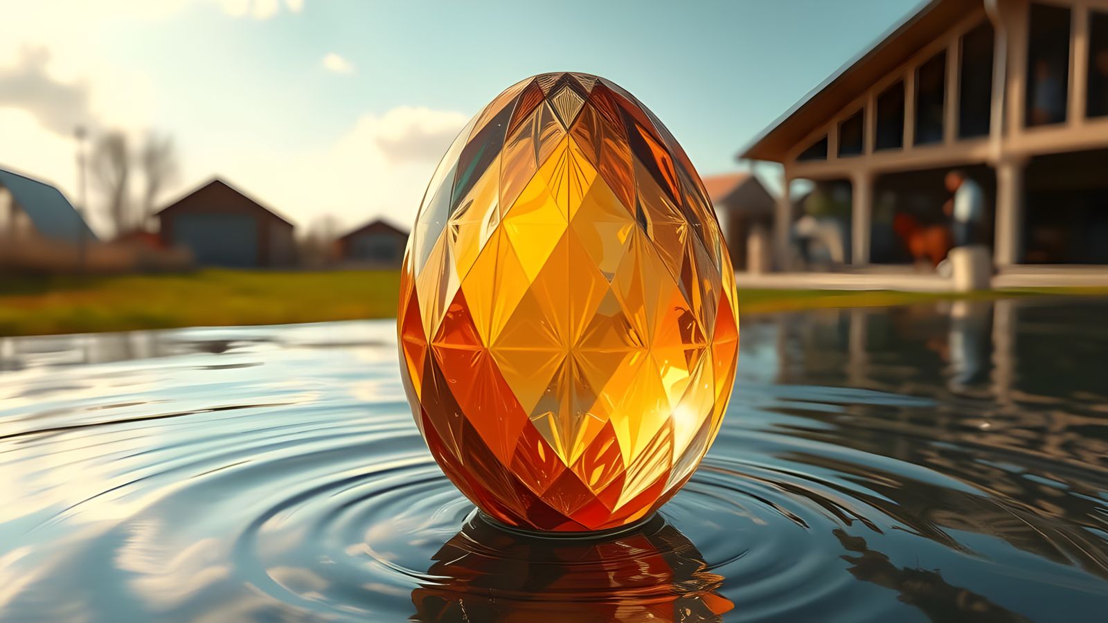 Surreal Glass Egg Floats in a Dreamlike Farmyard Scene