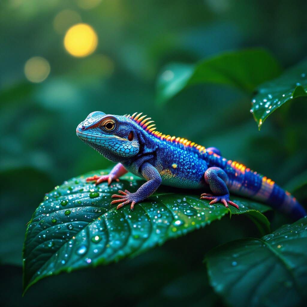 Bioluminescent Lizard on Dew-Kissed Leaf in HDR Macro