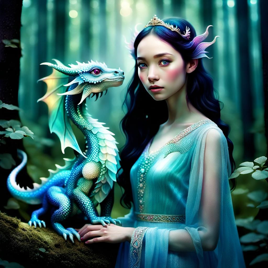 Woman and Dragon in Harmonious Forest Scene