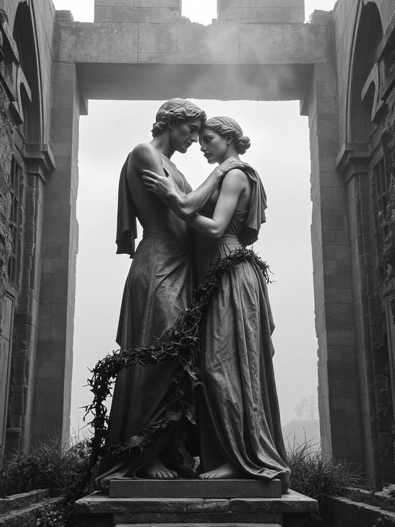 Entwined Figures in Stone Temple Ruins