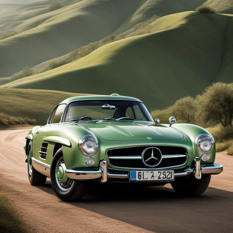 Vintage Green Mercedes Gullwing Car on Countryside Road