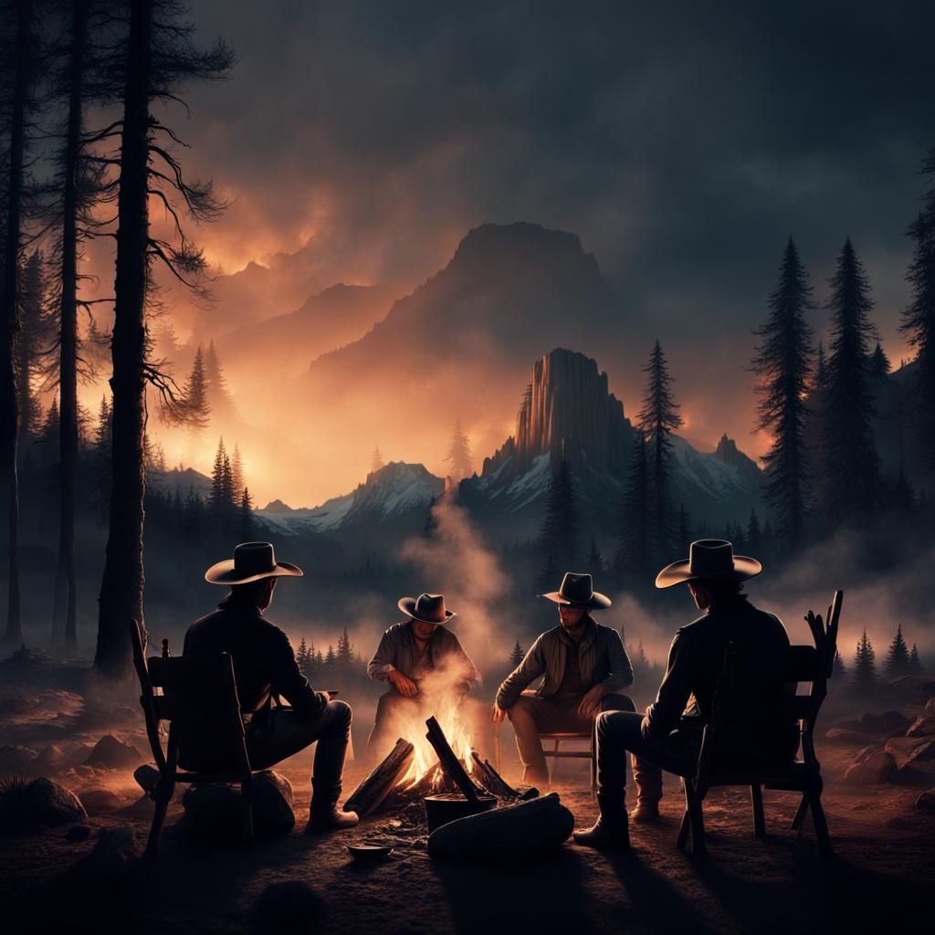 Cowboys Campfire Silhouette: Dramatic Digital Painting