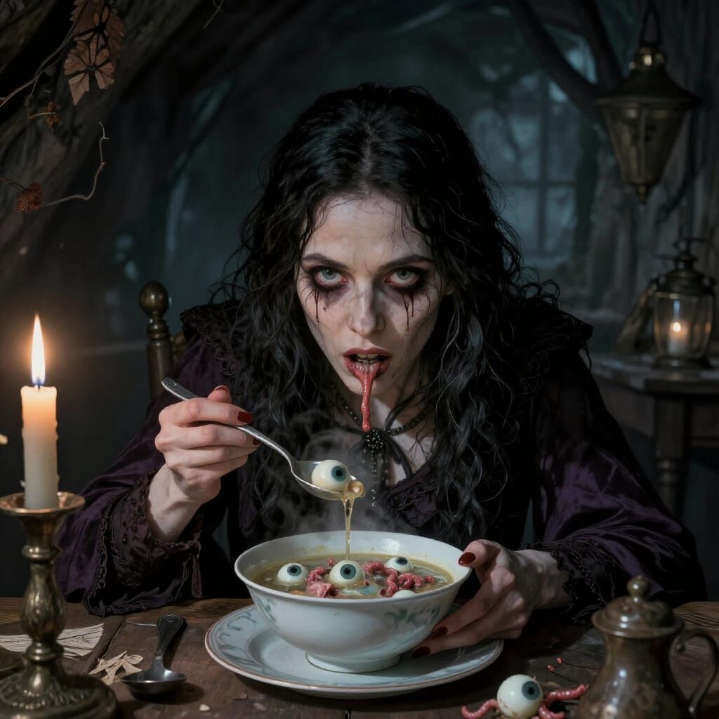 Ugly Witch Eats Gruesome Soup in Cabin