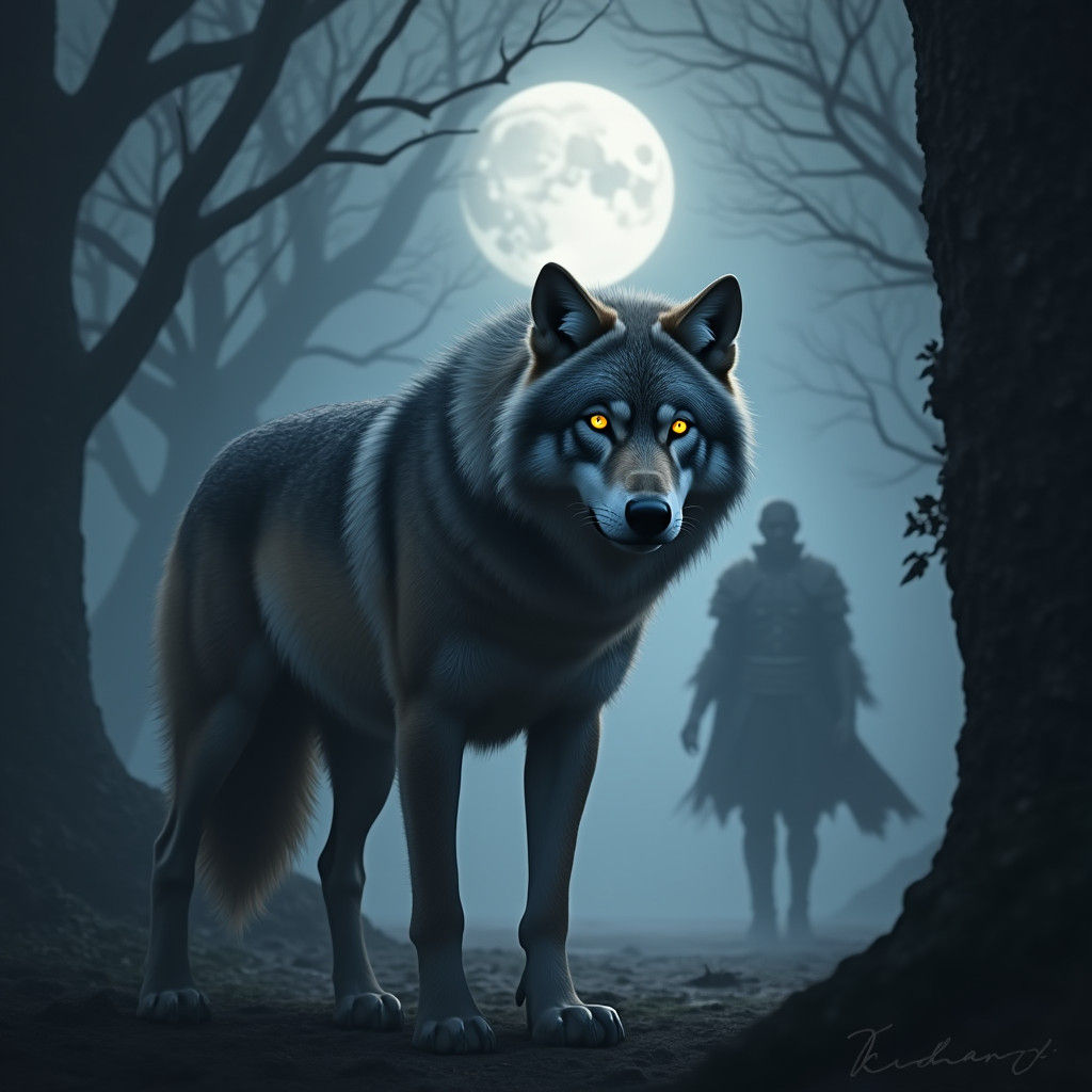 Majestic Wolf Luna in Moonlit Forest, Matte Painting