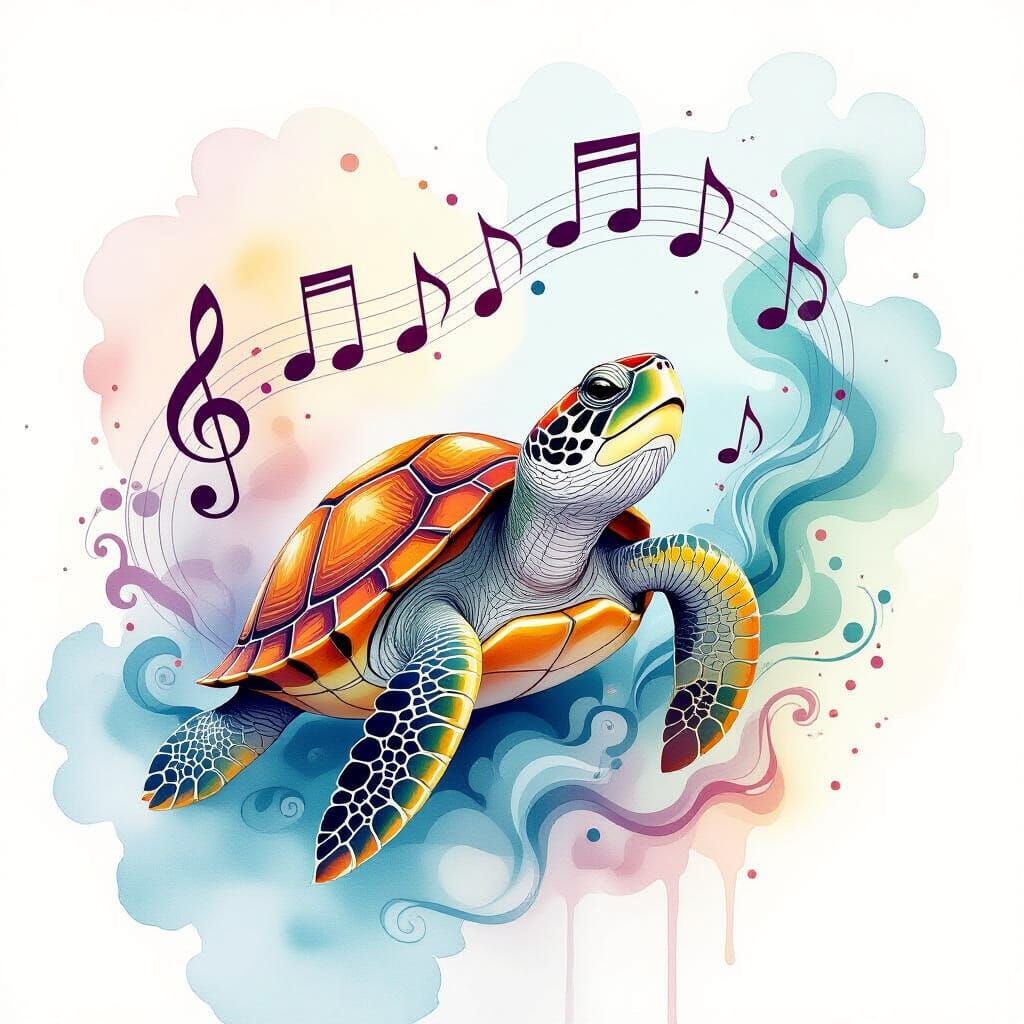 Singing Turtle in Vibrant Watercolour Style