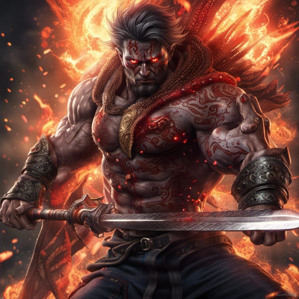 Fiery Swordsman in Hyperrealistic Style