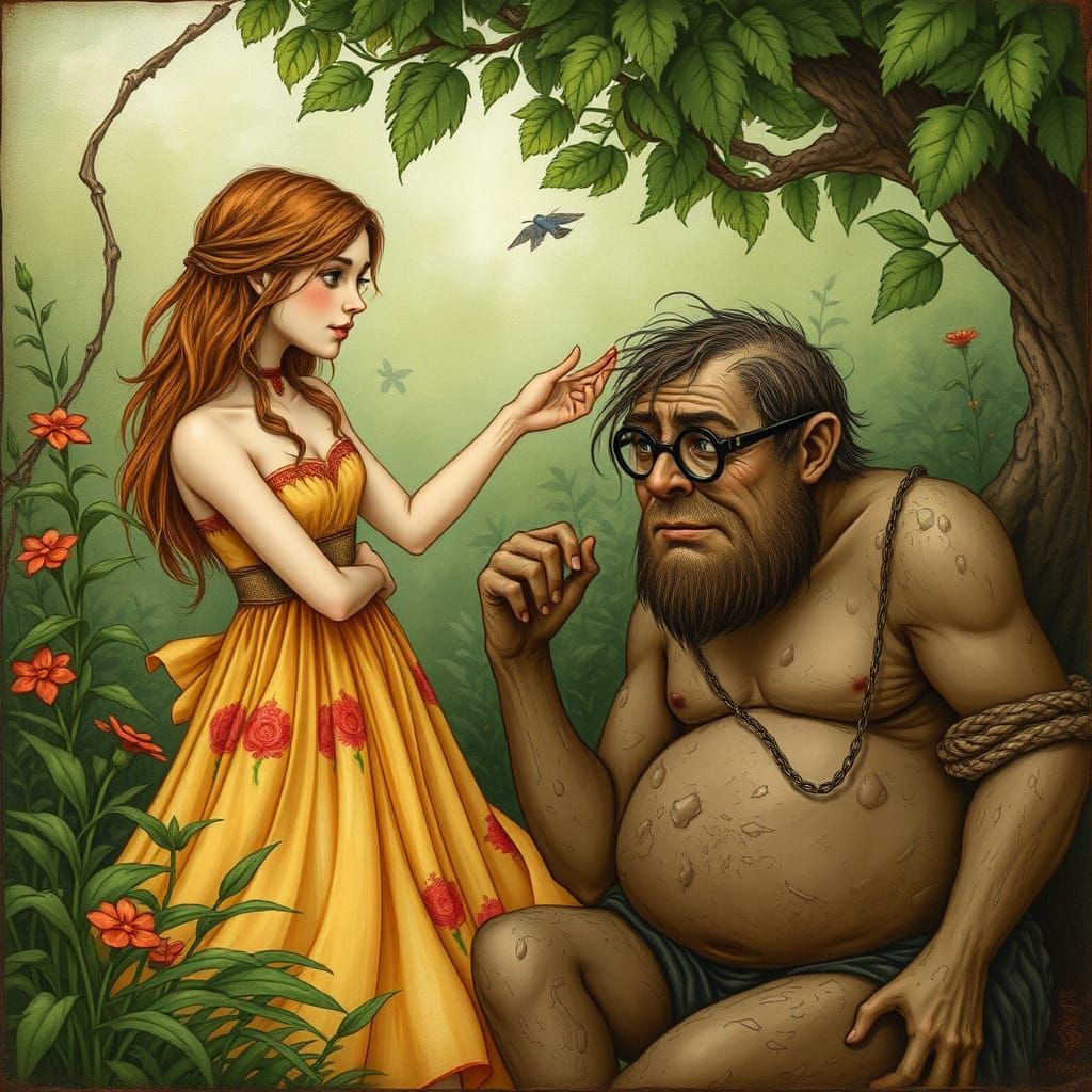 Whimsical Mud Monster Teased by Woman in Sundress