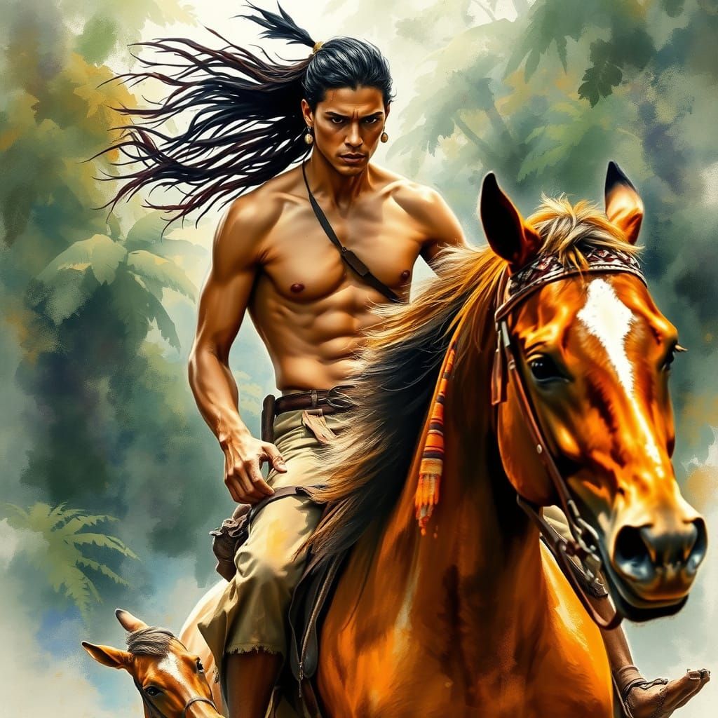 Galloping Native Warrior on Horseback in Rainforest