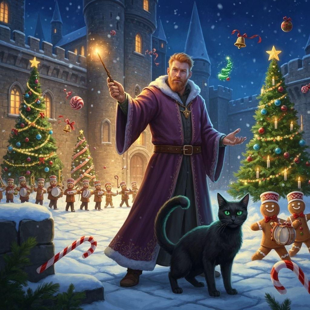 Fantasy Wizard and Cat Casting Spell