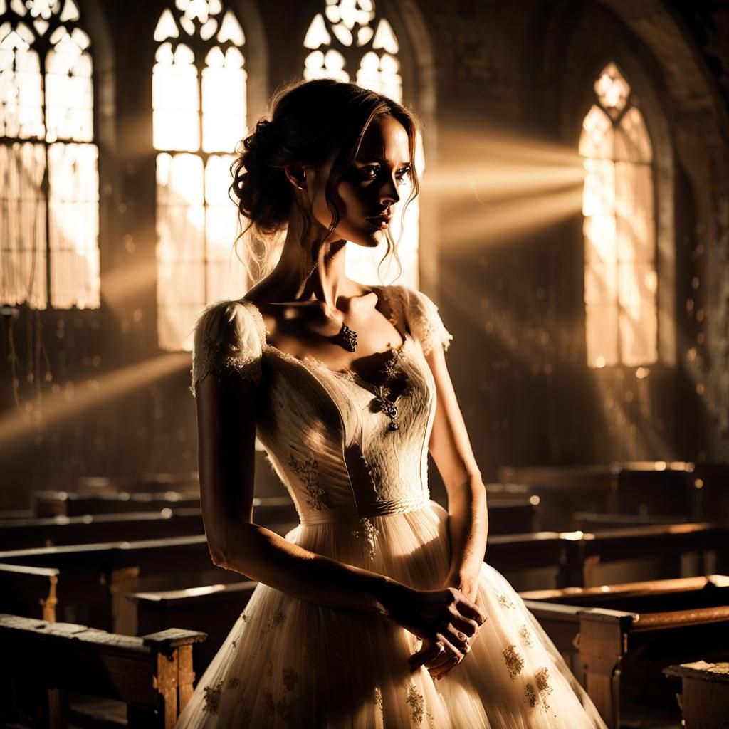 Young Vampire Bride in Abandoned Chapel