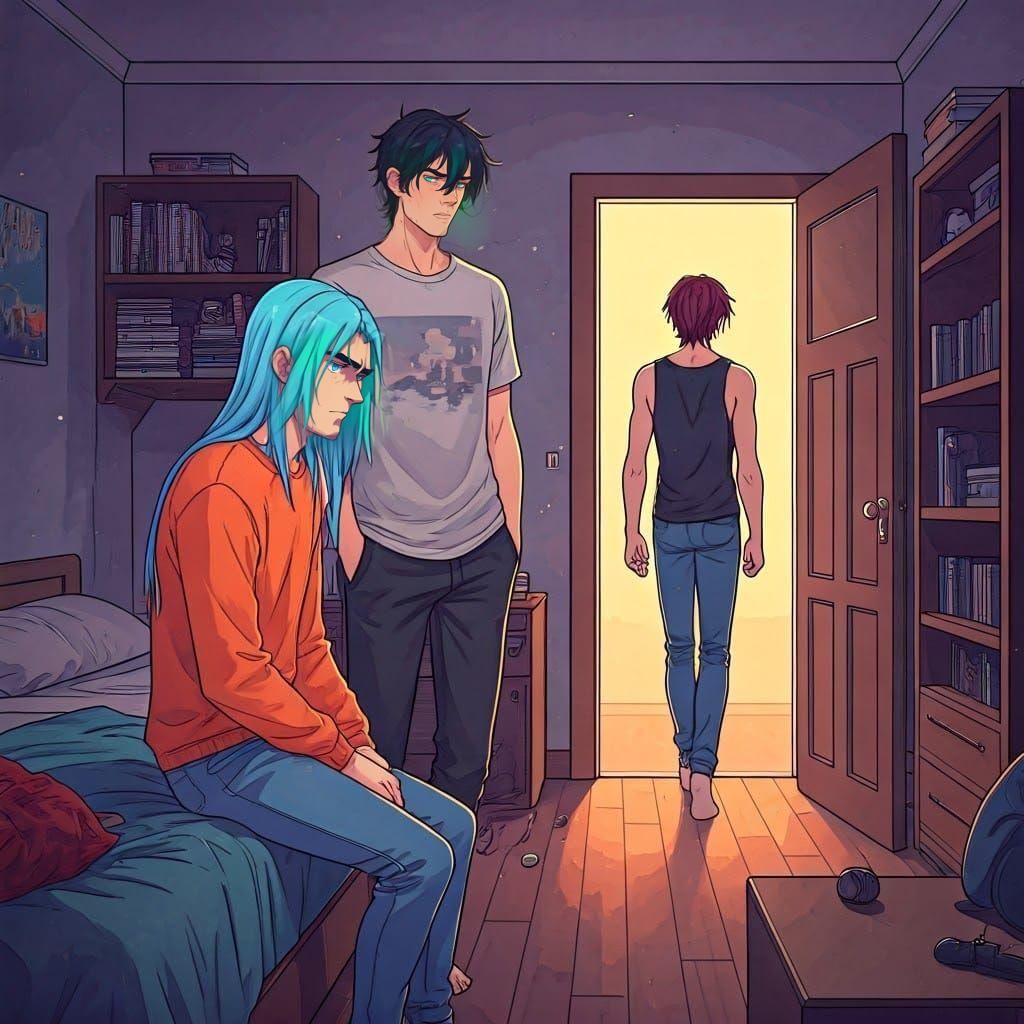 Embarrassed Man with Neon Hair in Bedroom Scene