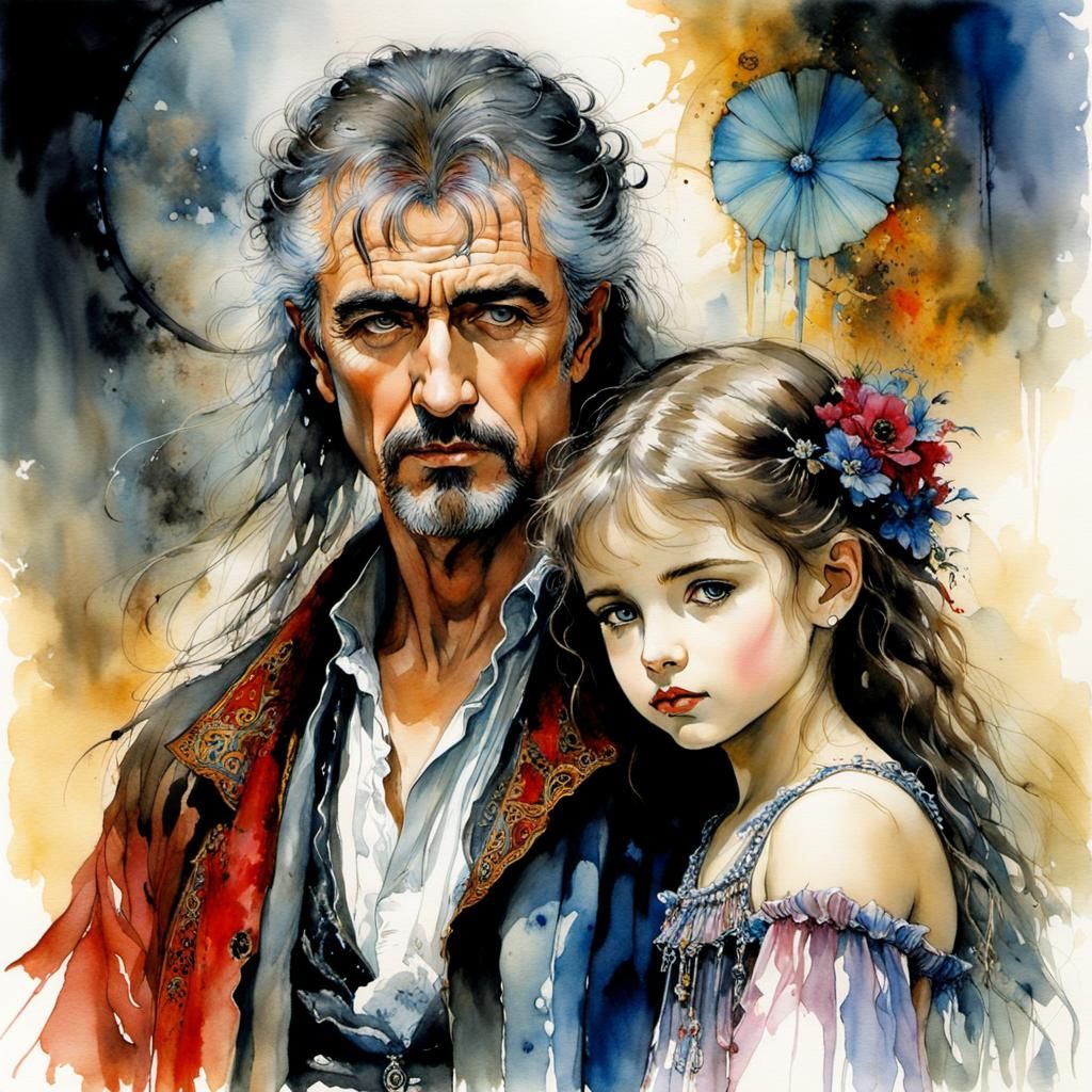 Bohemian Man with Granddaughter in Surreal Art Nouveau Style