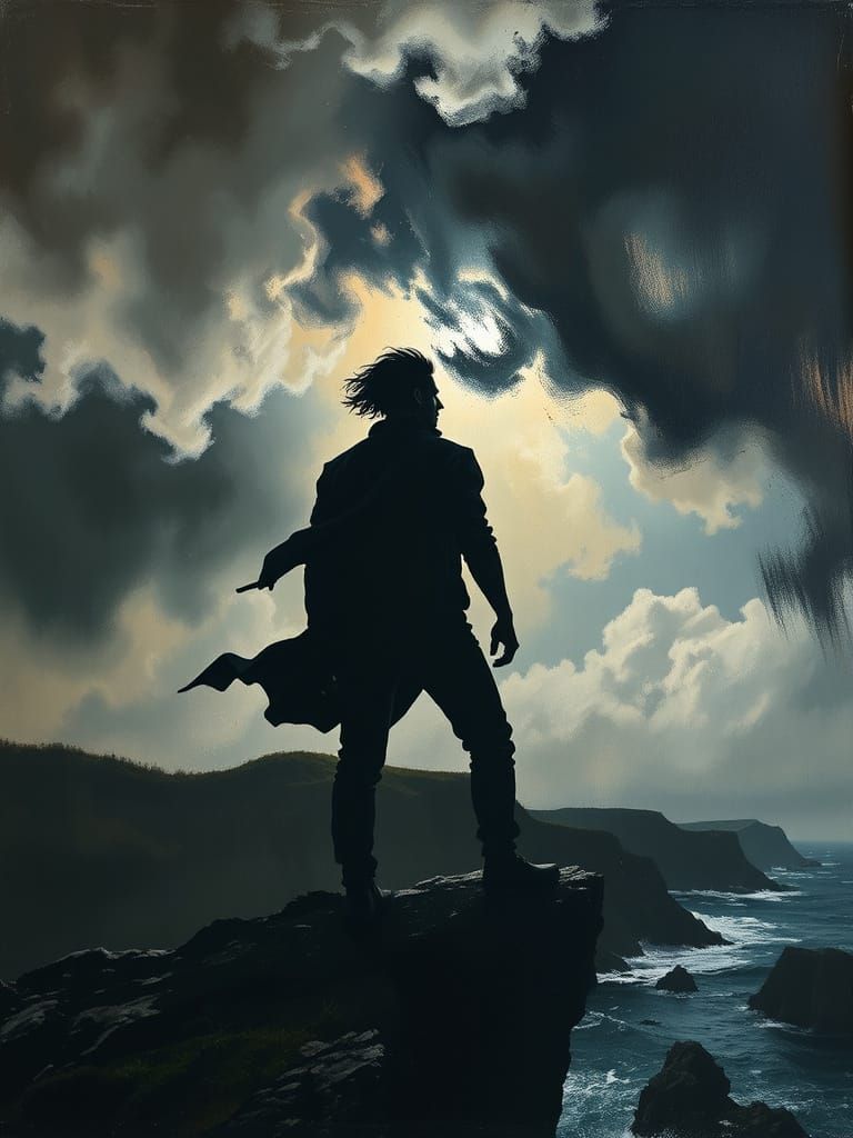 Figure on Cliff Edge in Stormy Sky, Expressionistic Style