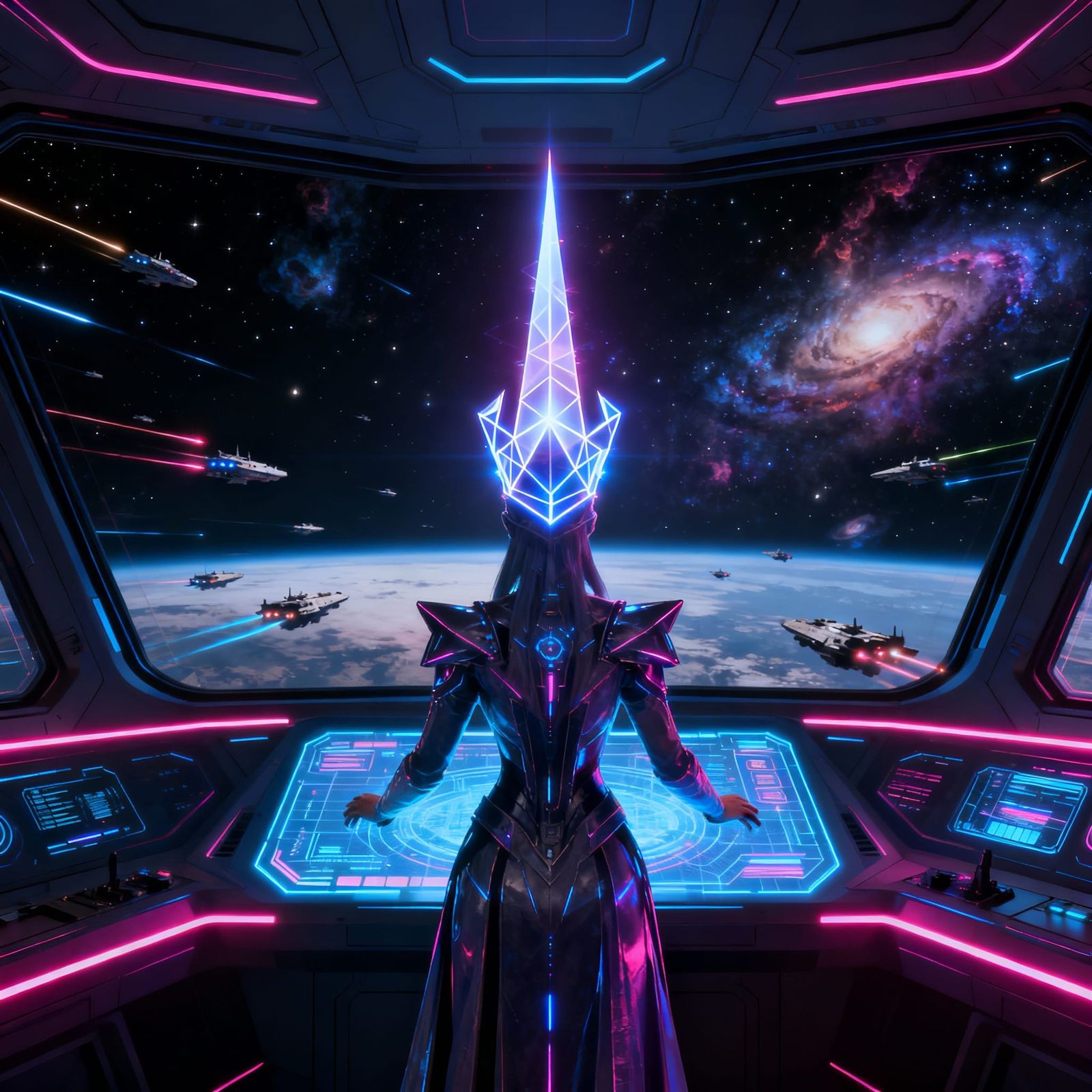 Futuristic Empress Commands Fleet from Holographic Bridge