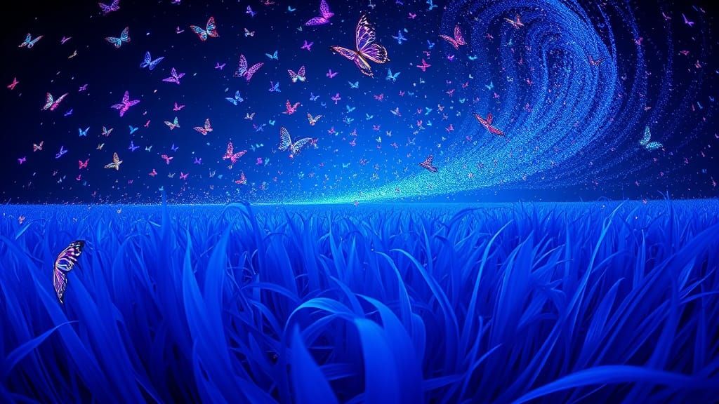 Sapphire Grass Field with Bioluminescent Butterflies