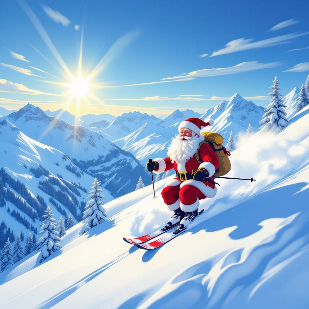 Santa Claus and Elves Skiing Down Snowy Mountain