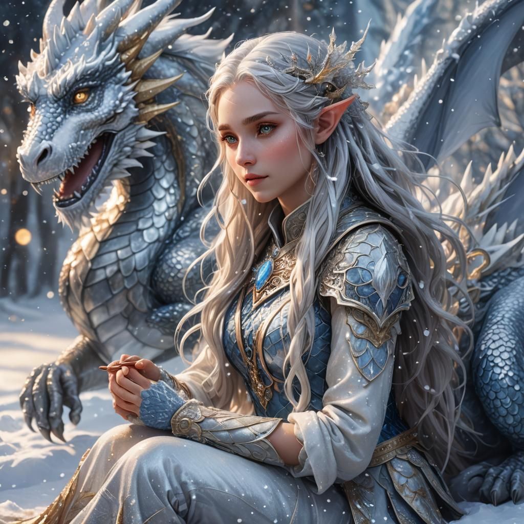 Elf and Dragon in Winter Wonderland, Fantasy Art