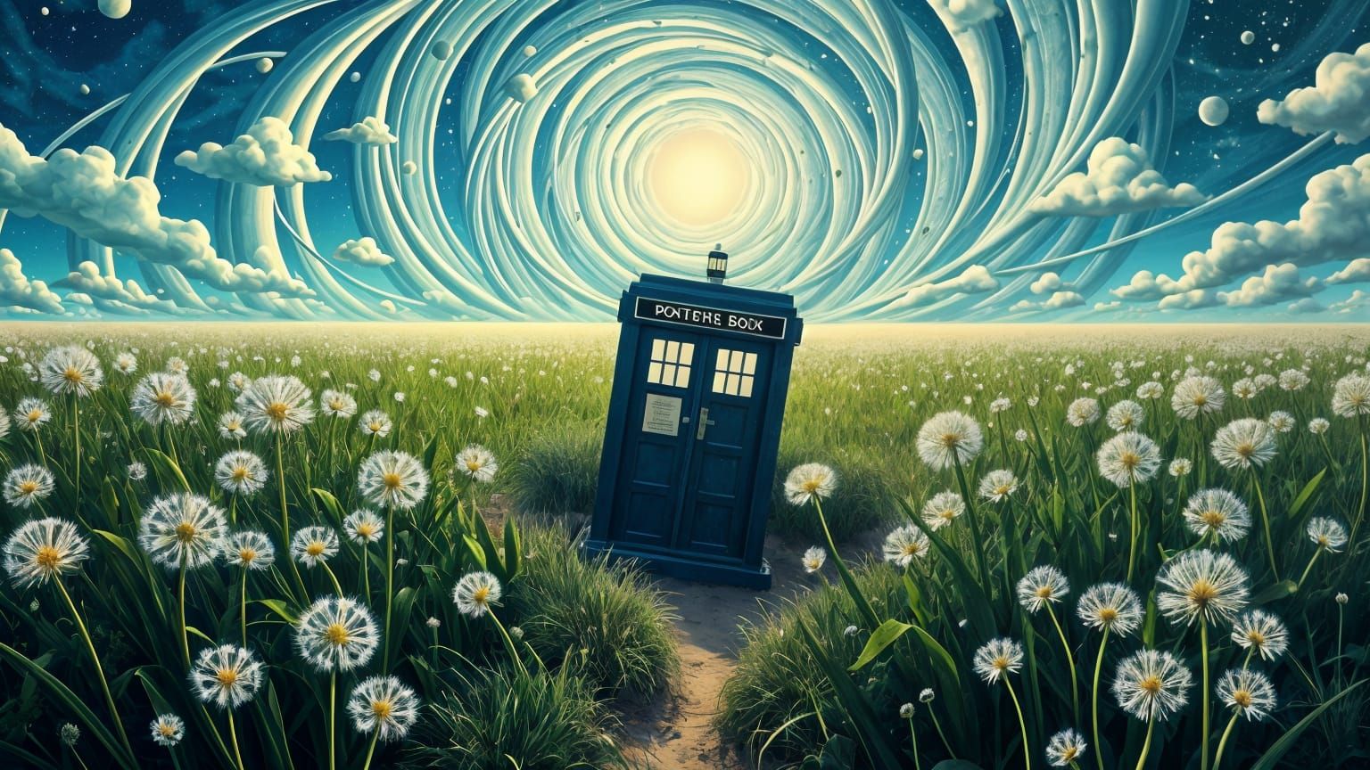 TARDIS in a field of dandelions