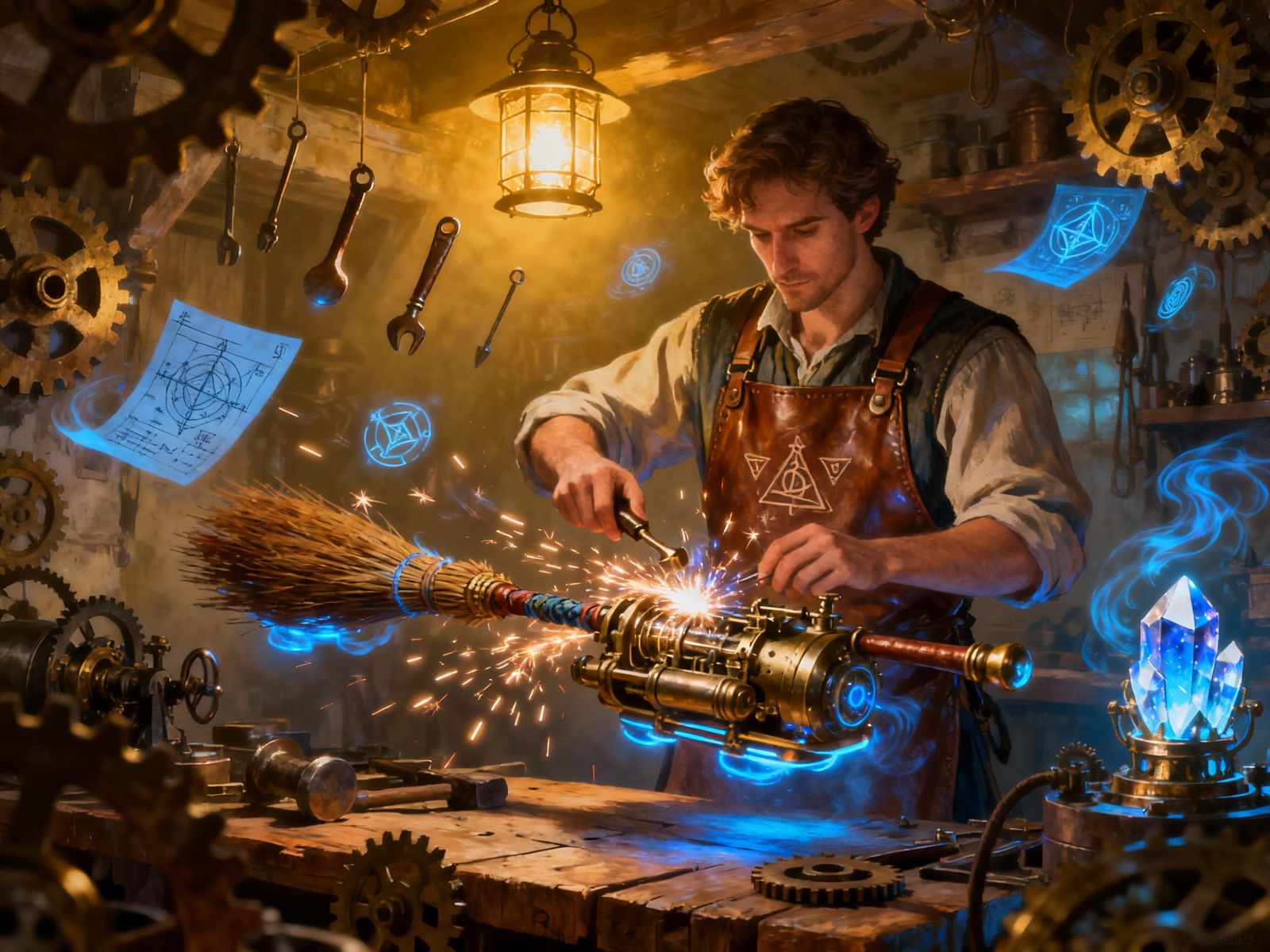 Arcane Mechanic Repairs Enchanted Hover-Brooms in Steampunk ...