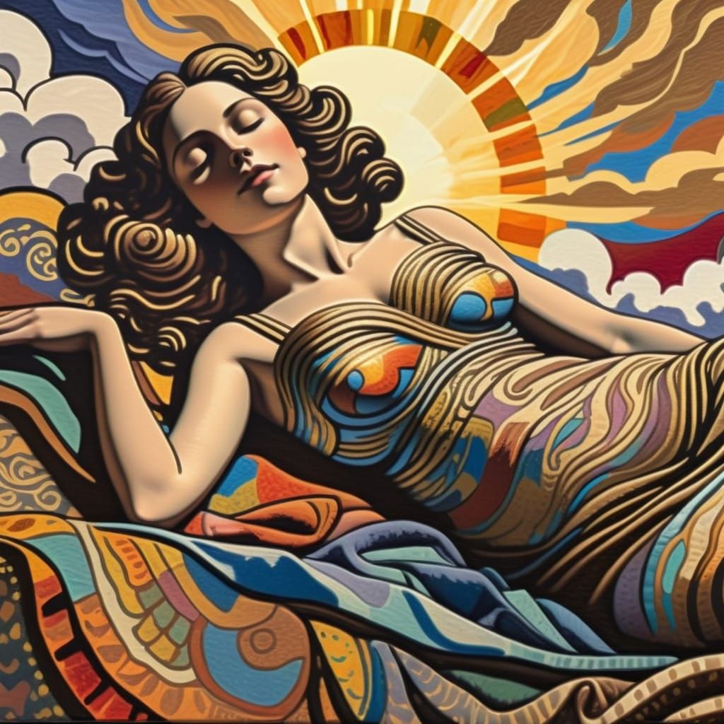 Ethereal Twilight Reclining Woman in Soft Focus Gouache Styl...