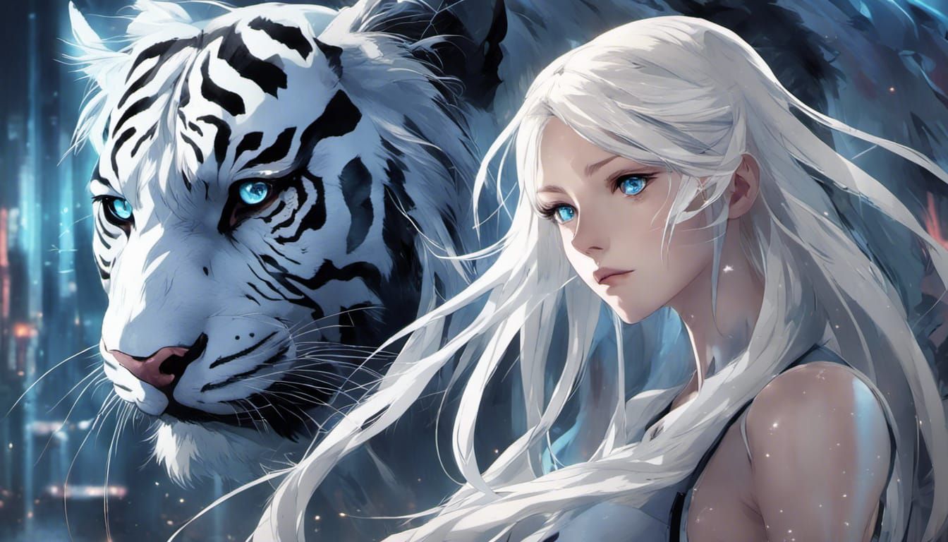 Anime Woman with Tiger in Hangar