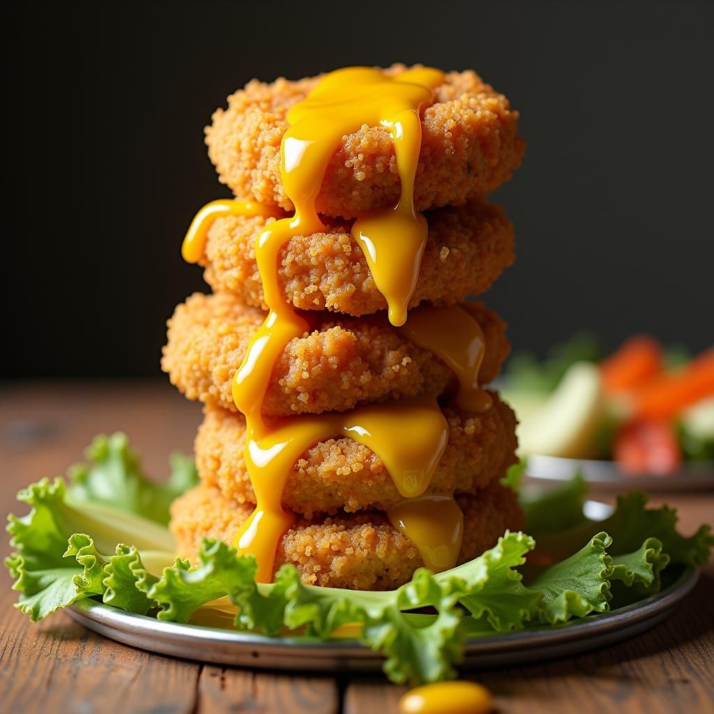 Hyperrealistic Honey Cheese Chicken Nugget Stack