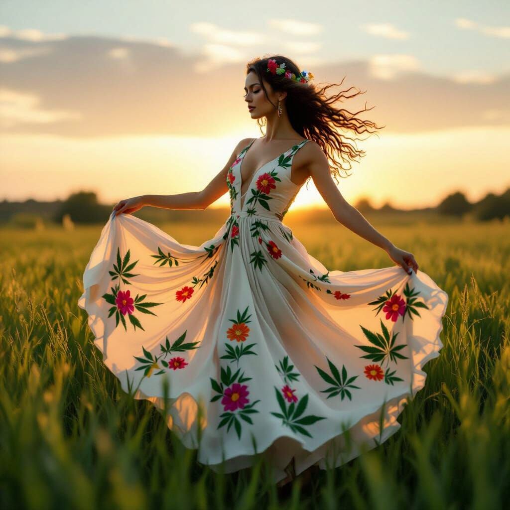 Serene Dancer in Lush Field, Ethereal Lighting