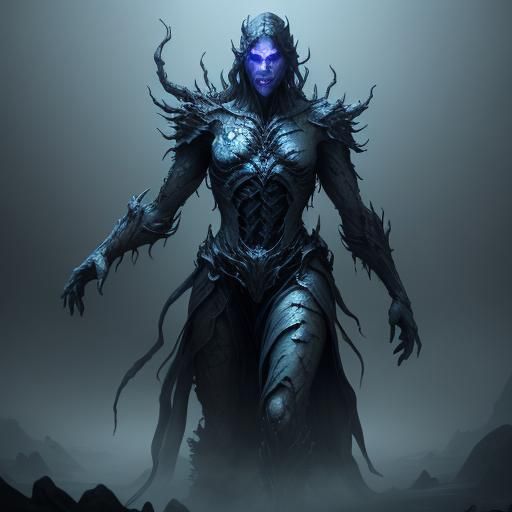 Towering Revenant with Multiple Faces in Eerie Fantasy Art