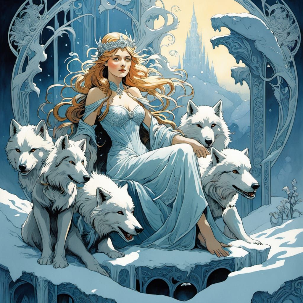 Art Nouveau Snow Queen on Ice Throne