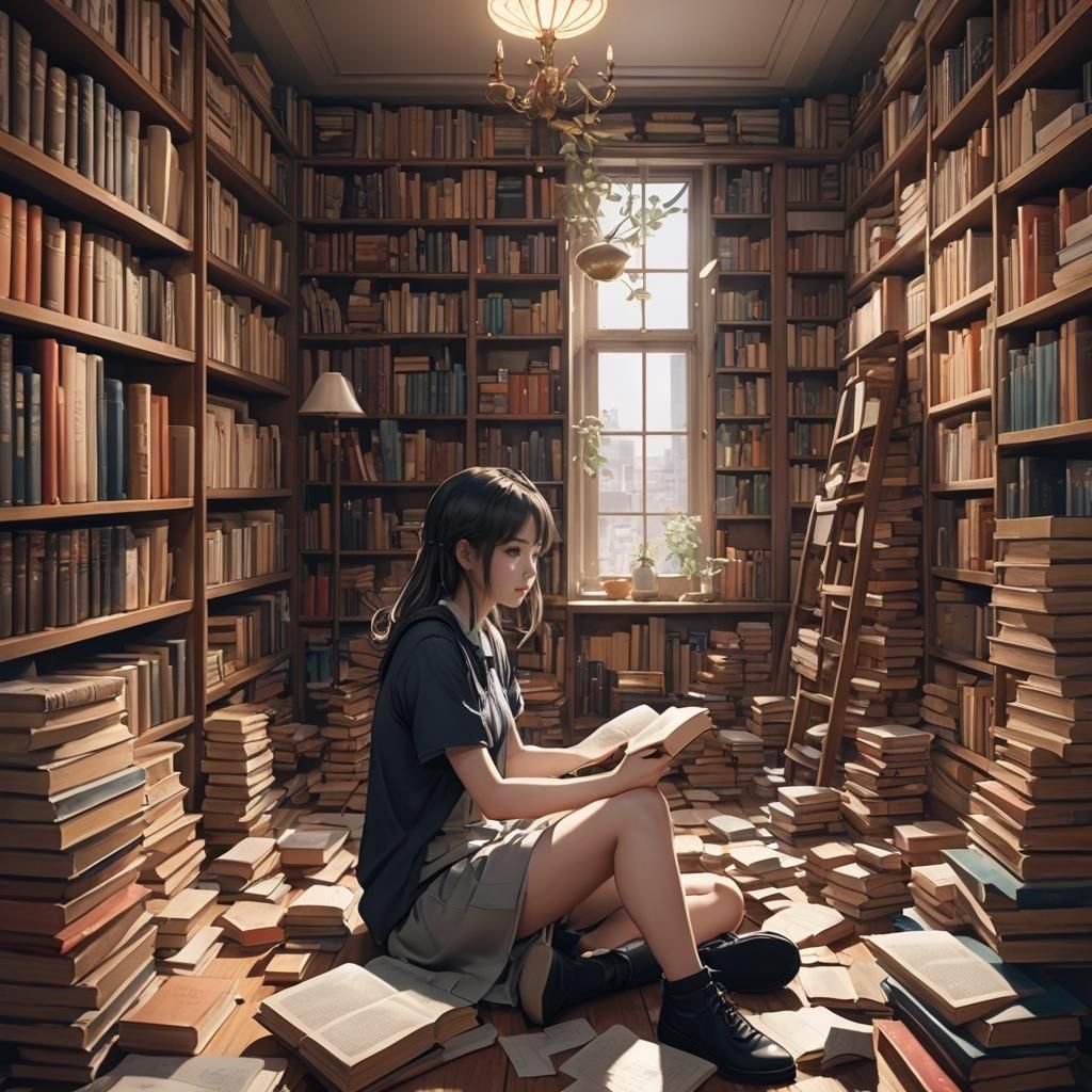 Anime Girl in Hyper-Realistic Library Setting