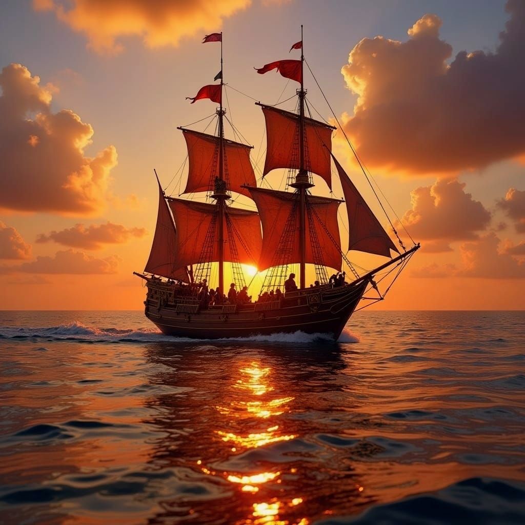 Medieval Ship Sails Calm Seas at Sunset