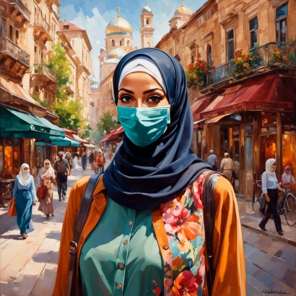 Confident Hijabi Woman in Western City, Oil-Guache