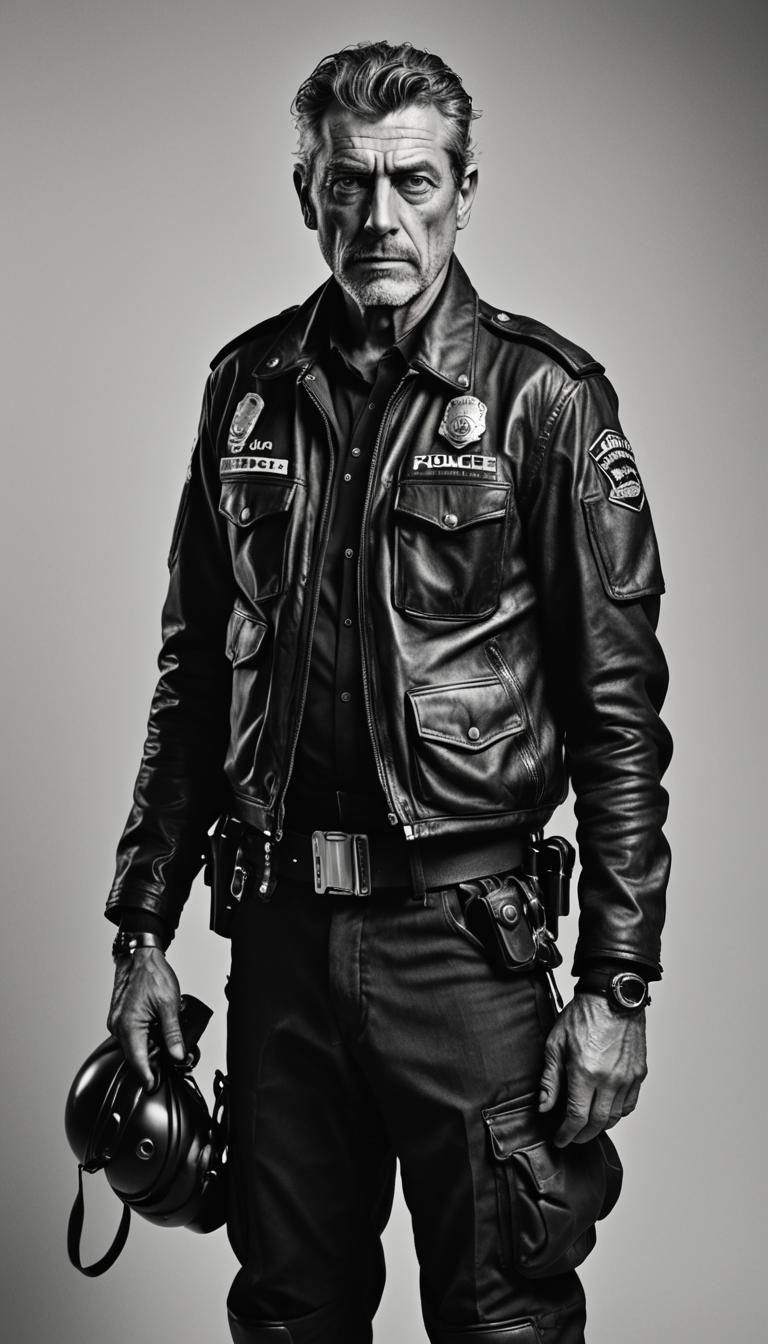 Photorealistic Portrait of Motorcycle Policeman in Avedon St...