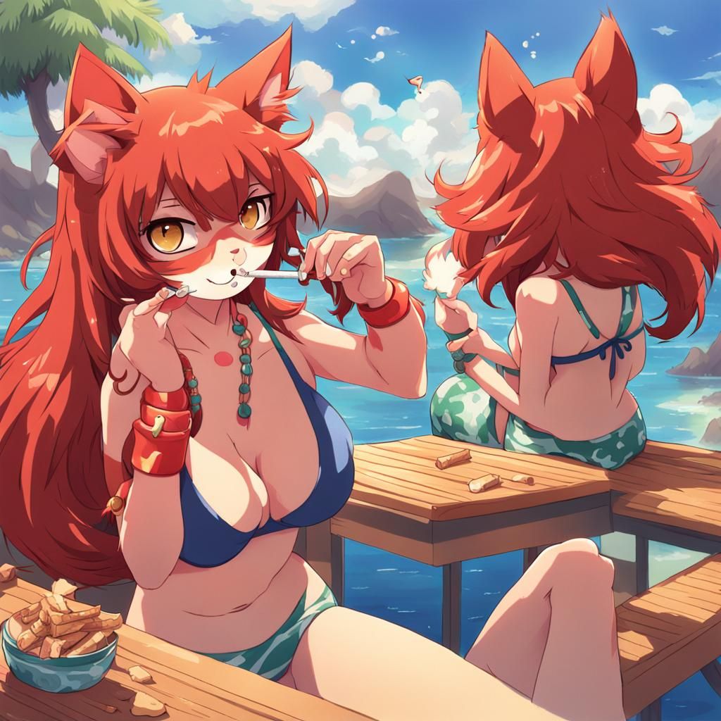 Anime Cat Girl Smoking Joint in Manga Style