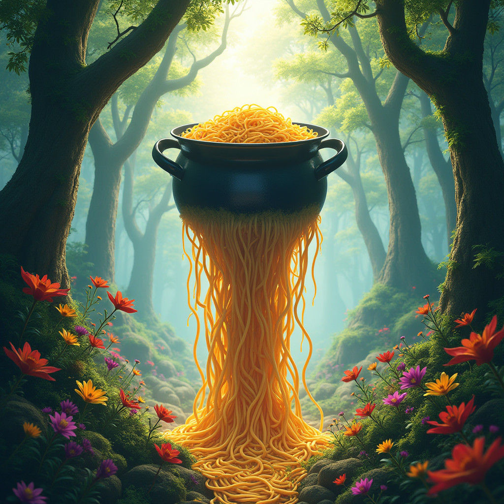 Giant Noodle Pot Pouring Over Lush Forest