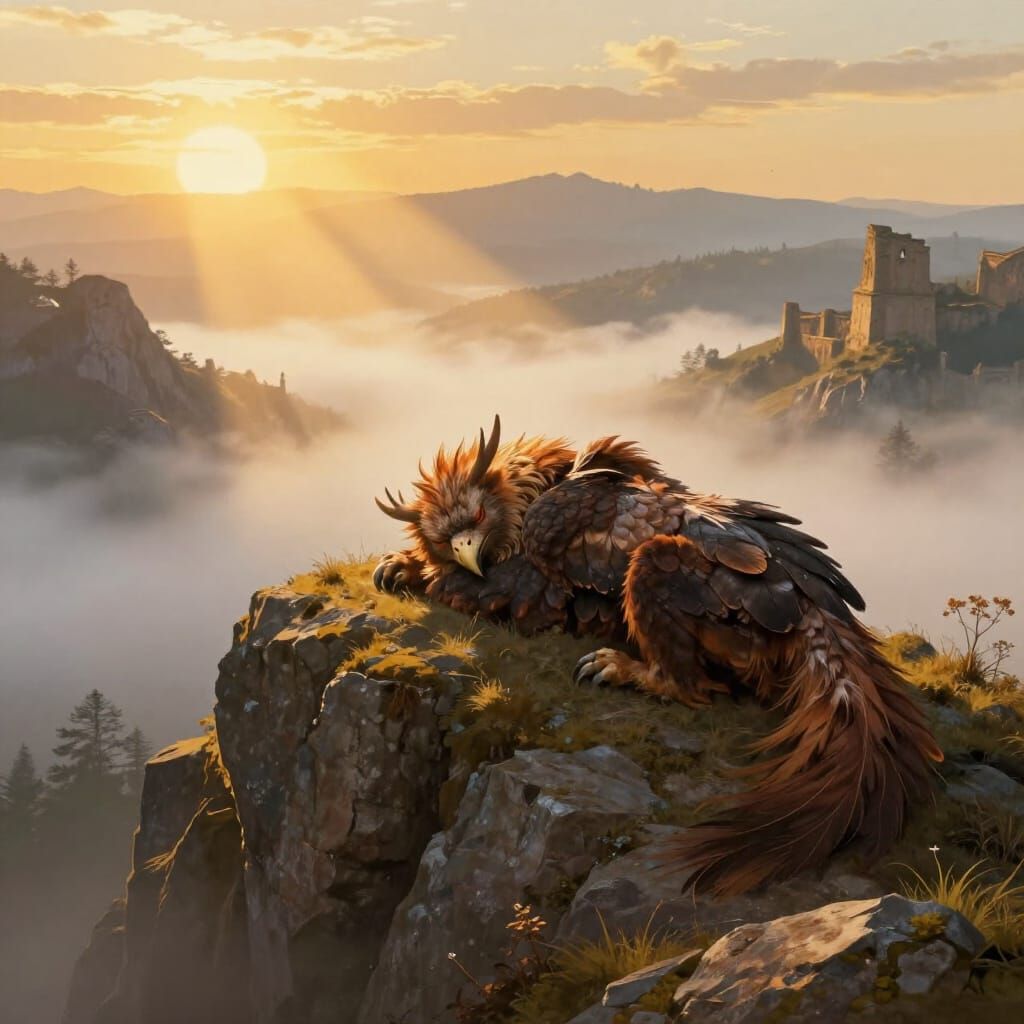 Majestic Griffin Naps on Sunlit Mountain Peak