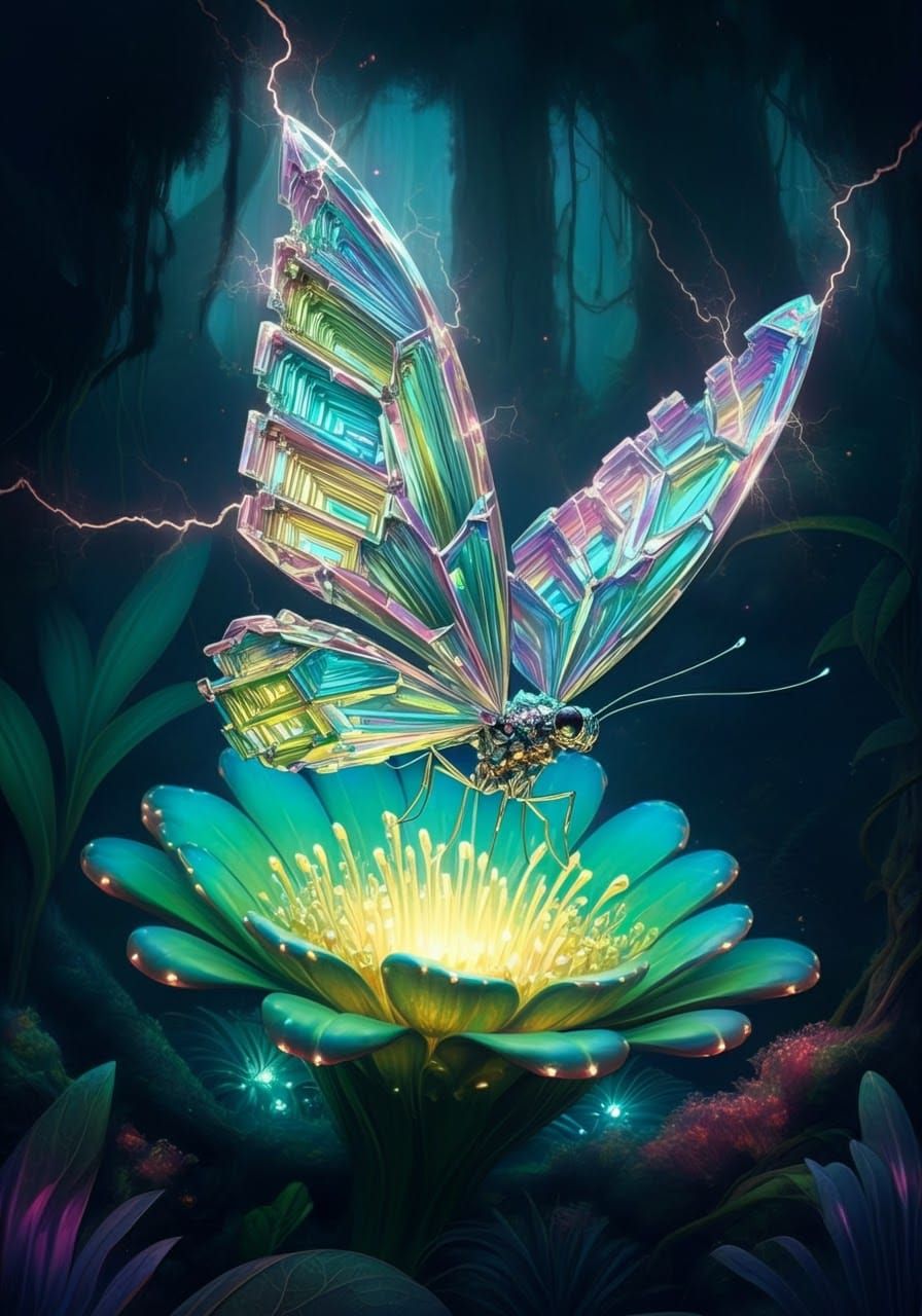 Iridescent Crystal Butterfly on Alien Flower