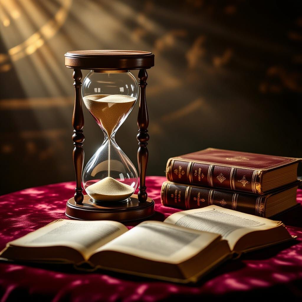 Antique Hourglass and Books in Dramatic Chiaroscuro Light