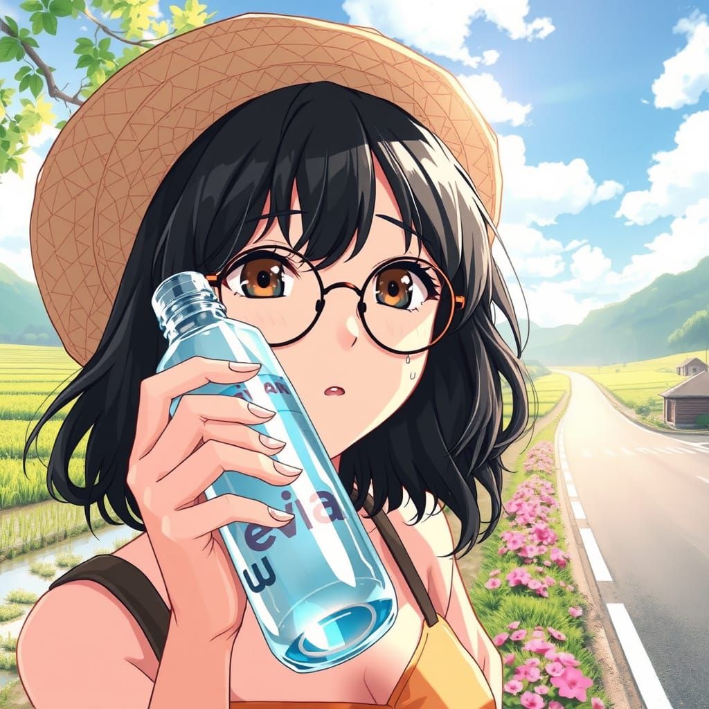 Anime Woman Drinks Water in Summer Heat