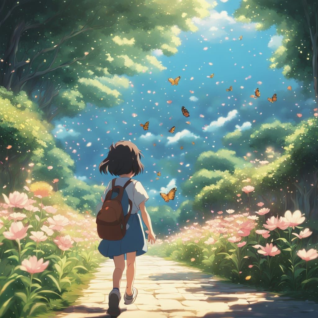 Girl Chasing Butterfly in Studio Ghibli Anime Style
