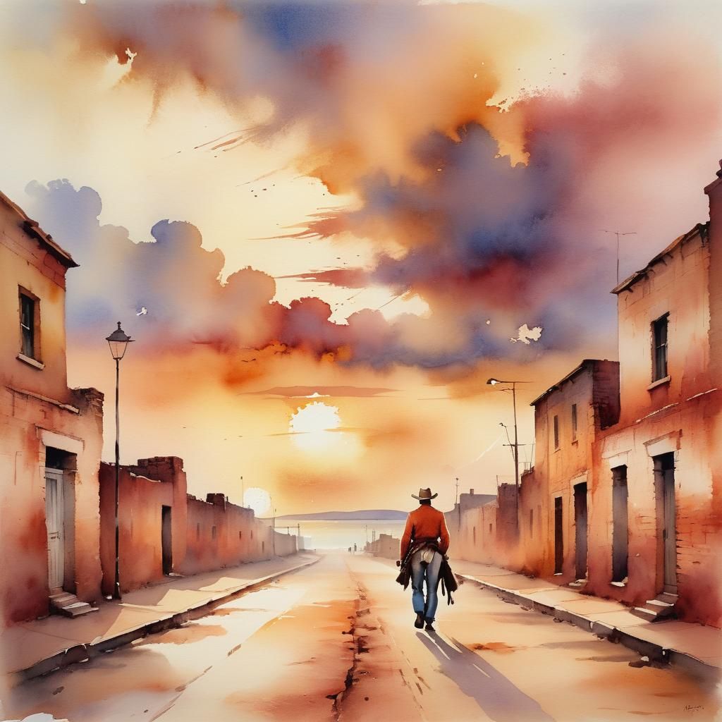 Lone Cowboy in Watercolour Sunset Street