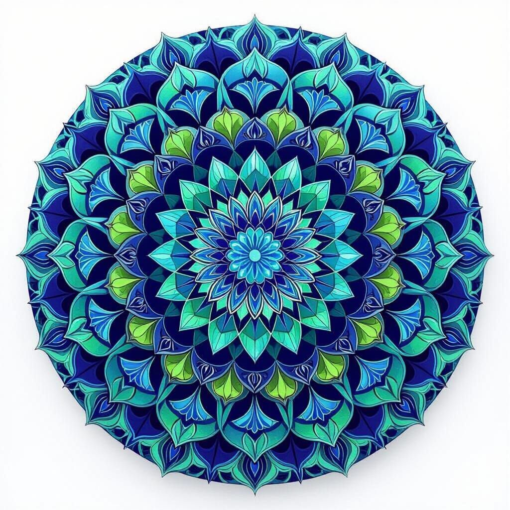 Vibrant Japanese Mandala in Blue, Green, and Purple