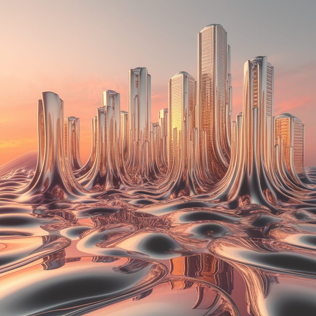 Futuristic Liquid Metal Cityscape at Sunset