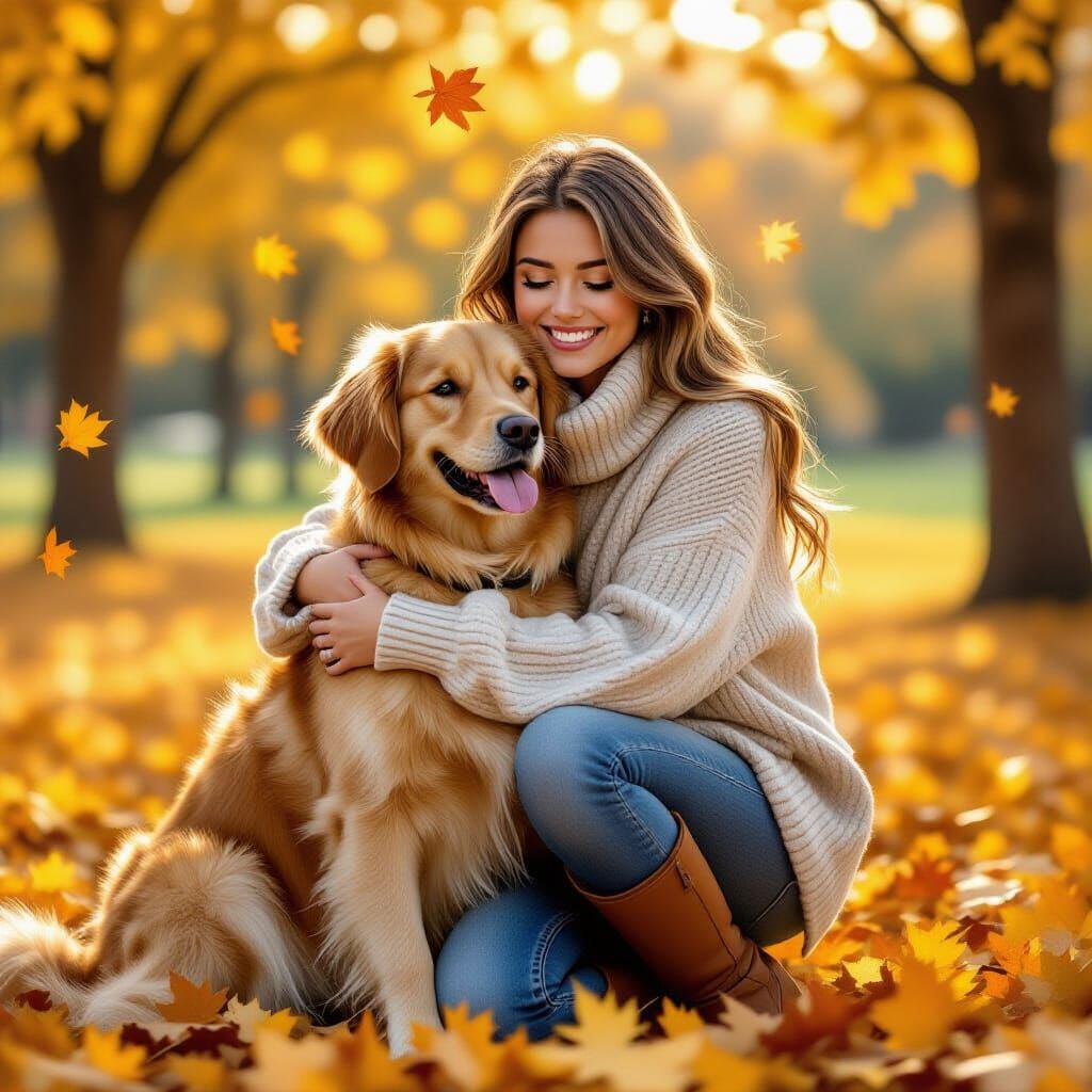 Woman and Dog in Sunlit Autumn Park