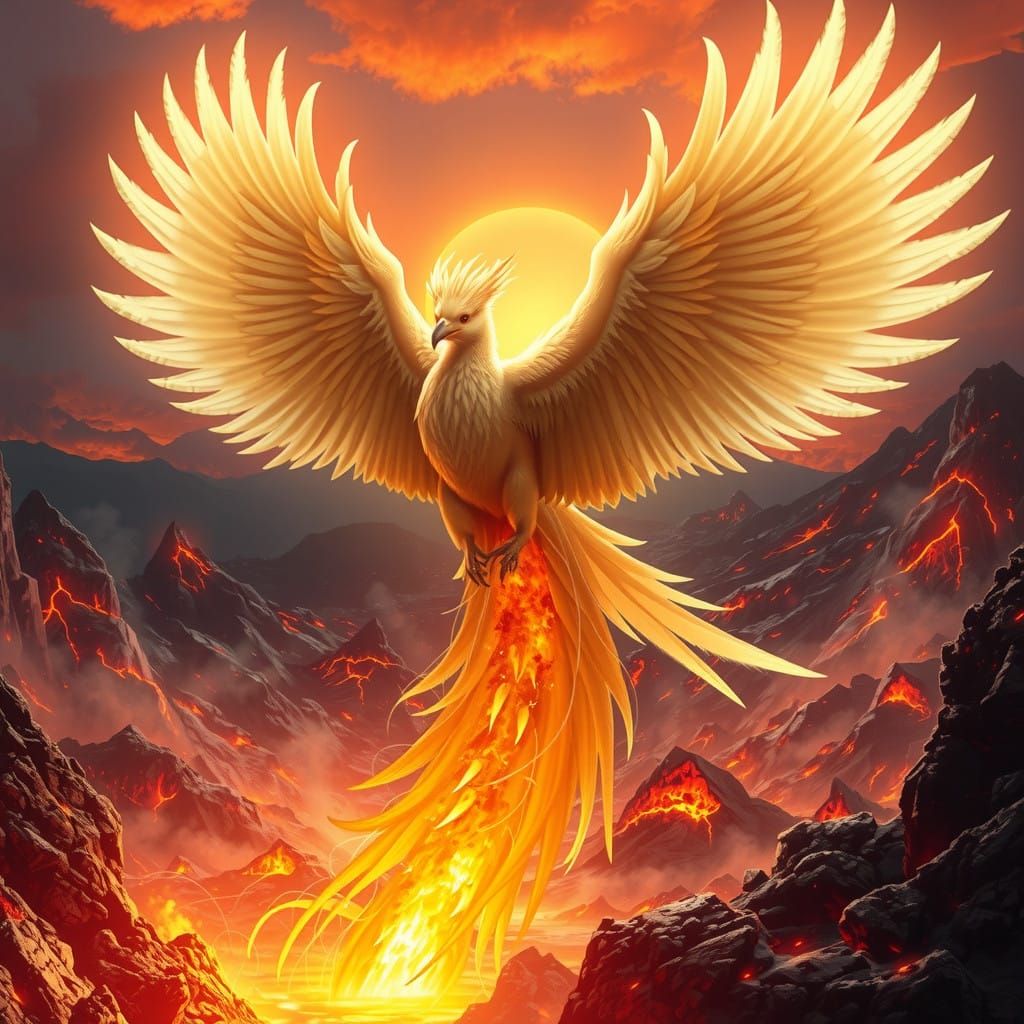 Surreal Phoenix Rises from Fiery Volcanic Landscape in Cyber...
