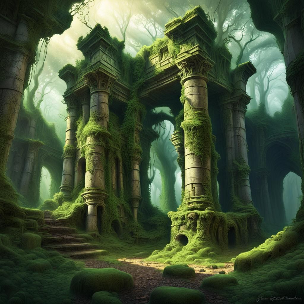 Ruins of a crumbled stone fortress, enshrouded by the overgrowth of a dense, emerald forest, with shafts of light pierci...