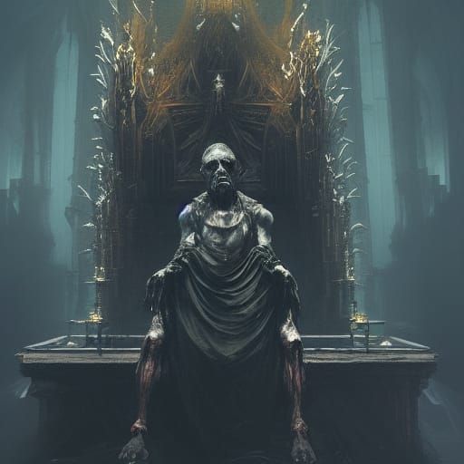 Decaying Holy Man on Throne: Dark Fantasy Art
