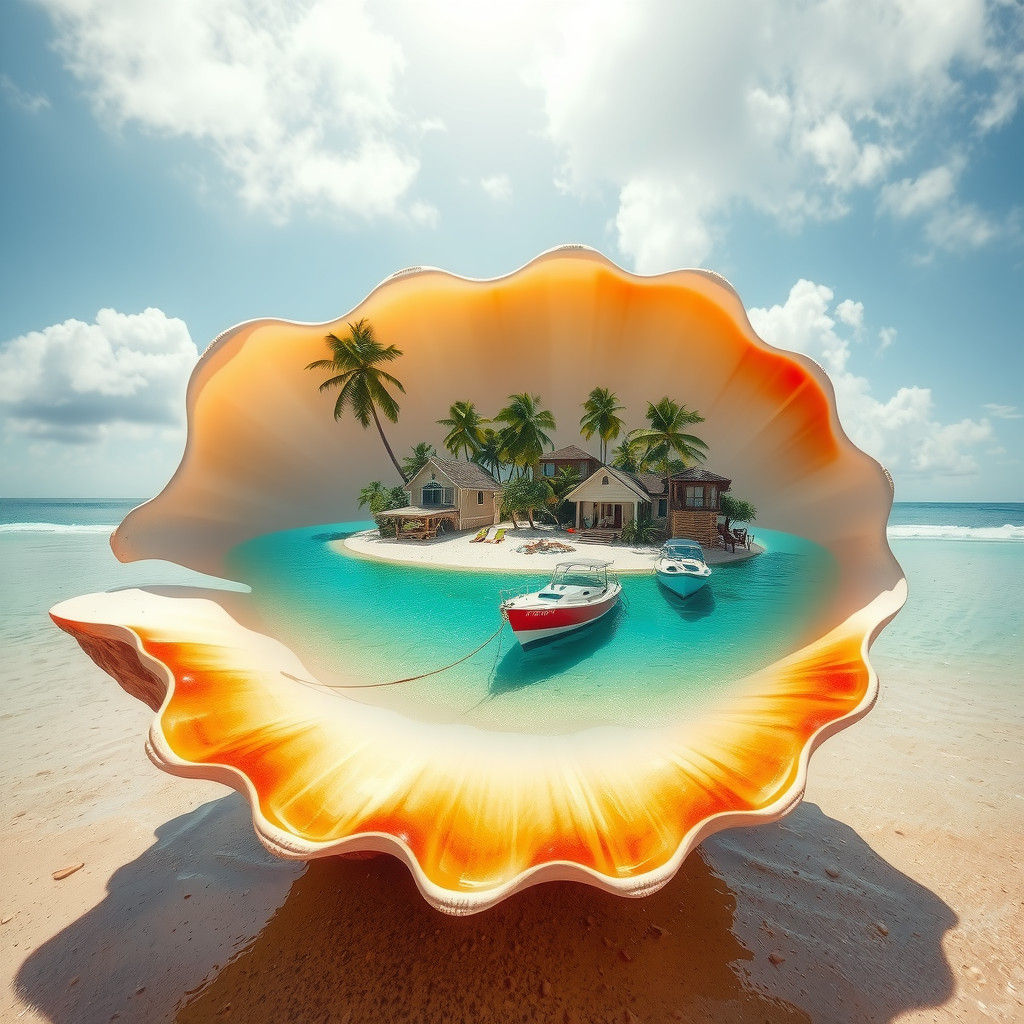 Oasis Island Merges with Conch Shell: Double Exposure Art