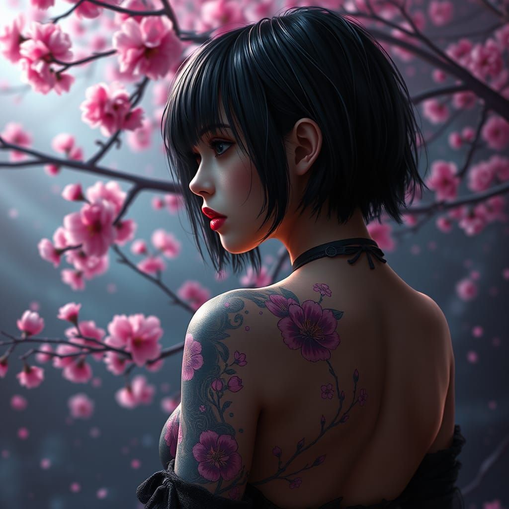 Gothic Girl with Cherry Blossom Tattoo in Matte Painting