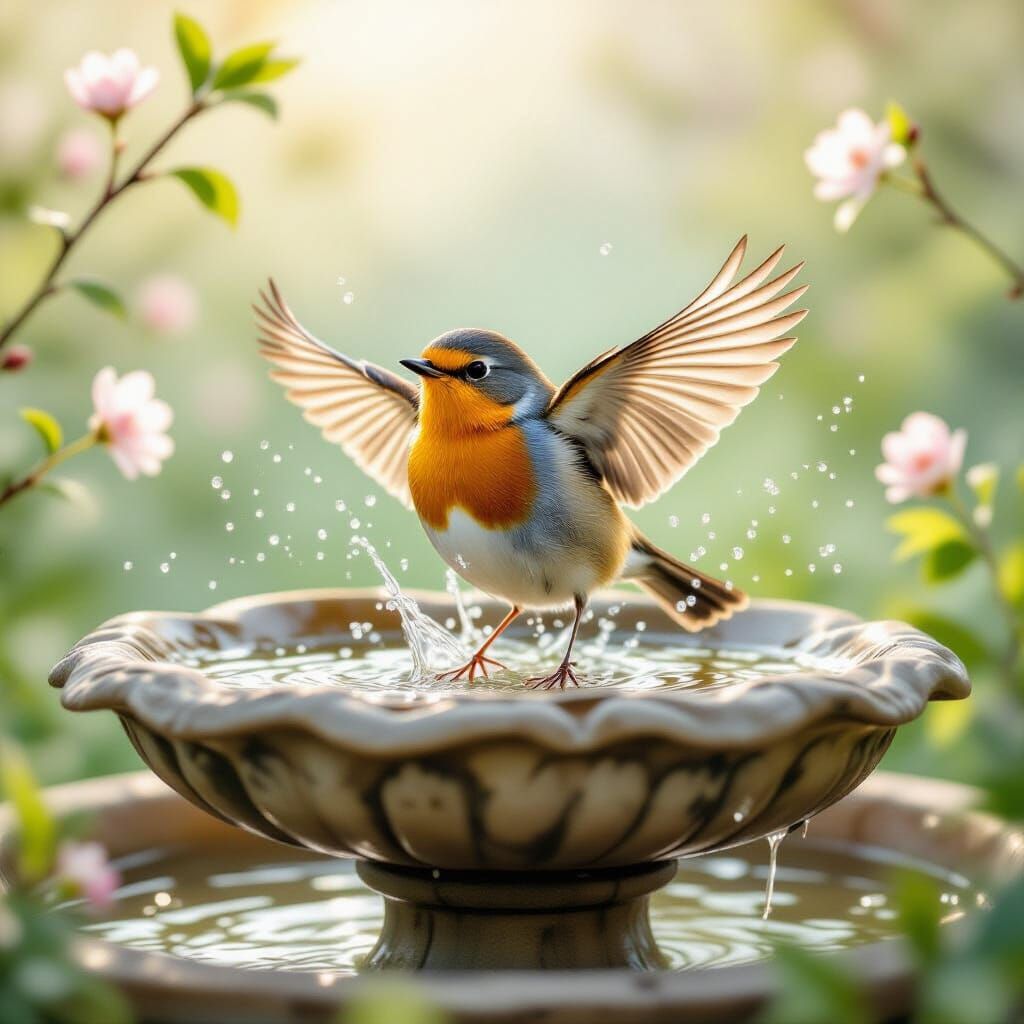 Vibrant Robin Splashes in Ornate Birdbath on Spring Morning